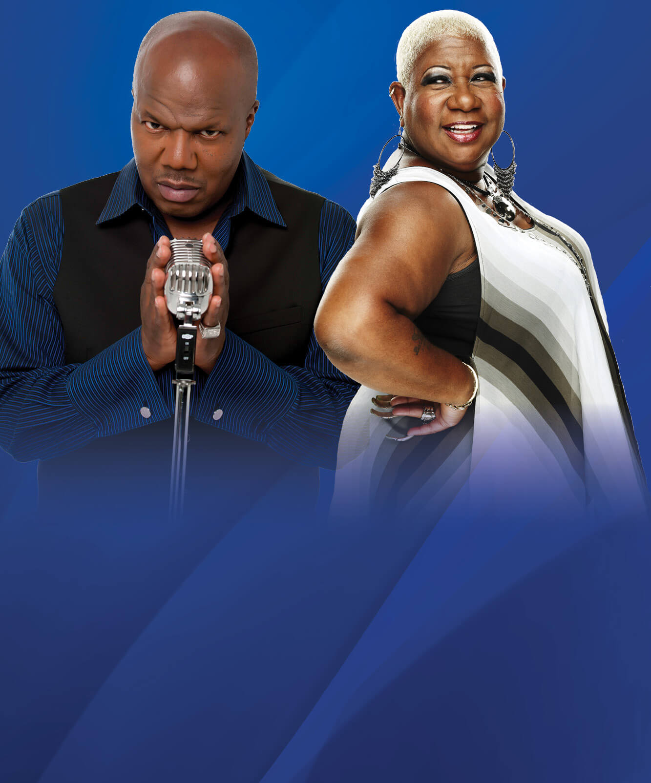 Comedians Earthquake and Luenell on the Resorts branded background.